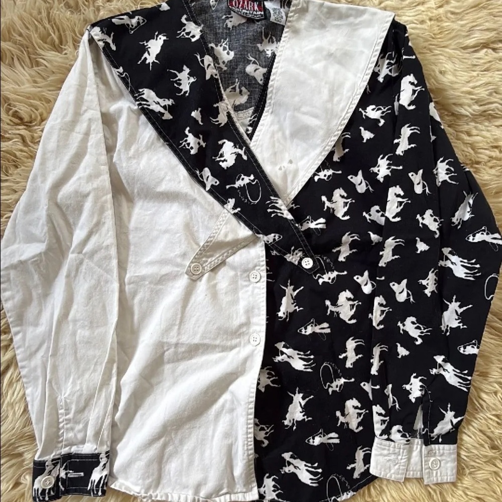 Black and White Button-Up Shirt with Horse Print